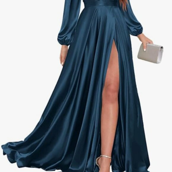 Floor length Peacock color satin dress w/slit - Picture 2 of 2